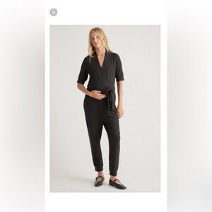 Quince French Terry Modal Maternity & Nursing Wrap Jumpsuit Black sz S NWOT